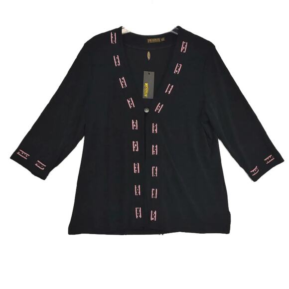 NWT Picadilly Women's L Black Pink Ribbon Trim 1-Button Cardigan Top Made Canada - Picture 1 of 6